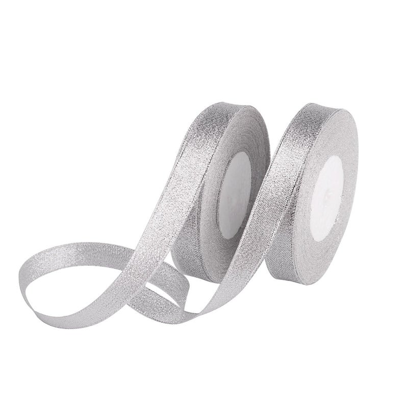 Feyarl Glitter Metallic Silver Ribbon 5/8-inch Wide Premium Sparkly Ribbon Gift Crafters Sewing Ribbon Wedding Party Brithday Wrap Card Making Hair Bows Floral Projects Ribbon (Silver) - Image 1
